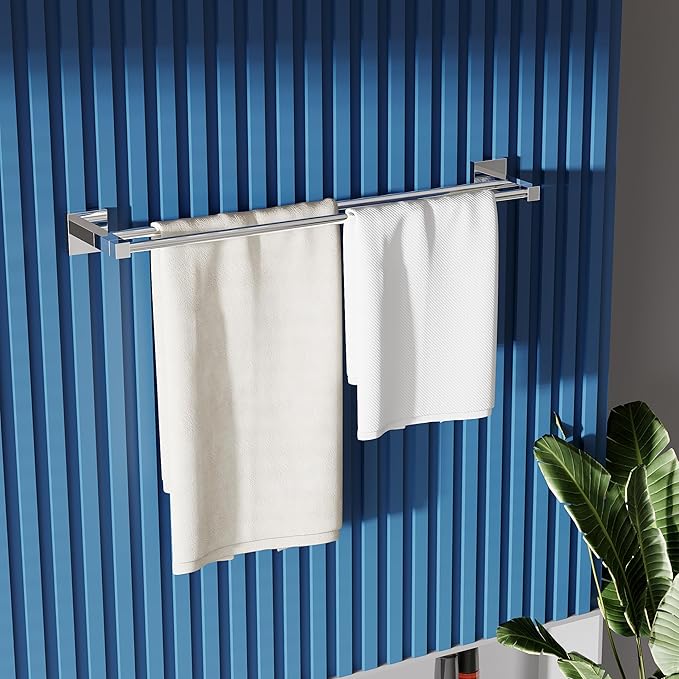 RUACQ Double Towel Bar, 24 Inch Bath Towel Rack for Bathroom, Square Base Hand Towel Holder, 304 Stainless Steel Towel Hanger Wall Mounted,Heavy Duty(Chrome)