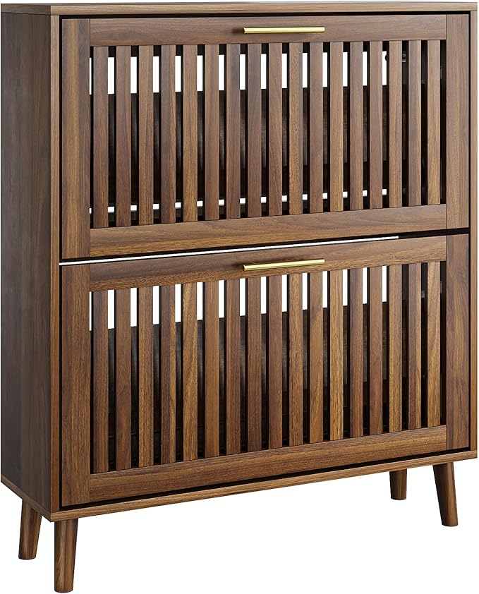 Vibe & Dine Shoe Cabinet with 2 Flip Drawers, Narrow Shoe Rack with Gold Handles, Free Standing Shoe Storage Cabinet for Entryway Slim, Wood Shoe Organizer Cabinet for Hallway, Bedroom, Walnut-NeatNest