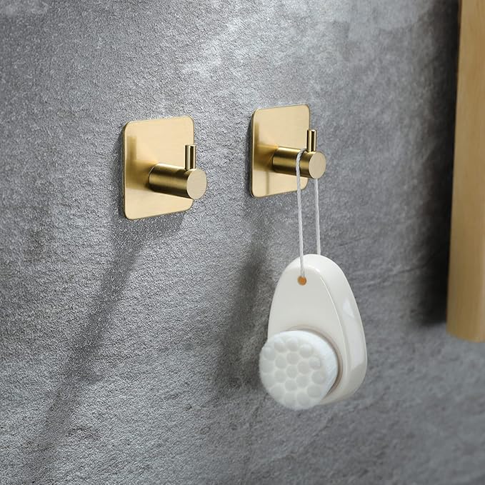Taozun Golden Towel Bar Set- Self Adhesive Towel Holder + 2 Packs Towel Hooks Bathroom Accessories, 16-Inch Towel Rack for Bathroom Stainless Steel Brushed Brass