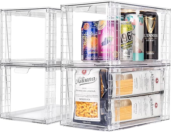 1Pack Large Stackable Kitchen Storage Drawers, Clear Foods Organizer Bins with Handles, Easily Assemble for Bathroom, Kitchen, Pantry, Cabinet, Closet(XL-UP Handle)-NeatNest