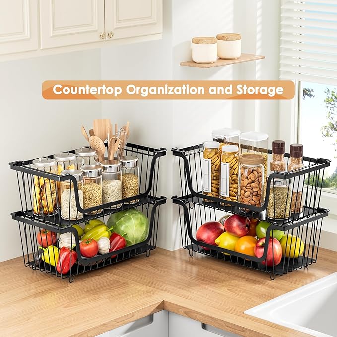 4 Pcs Stackable Wire Baskets for Pantry Organizers and Storage,Kitchen Storage Metal Baskets,Produce Potato Onion Storage Bin,Vegetable Fruit Basket for Countertop,Black