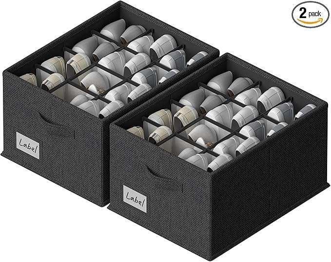 2 Pack Shoe Organizer for Closet,Fits up to 24 Pairs,Fabric Shoe Storage Bins,Large Shoe Box Storage Containers with Bottom Support for Shoes (Black, (16.5 * 12.6 * 9.5) x1)-NeatNest