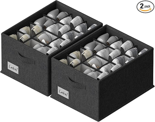 2 Pack Shoe Organizer for Closet,Fits up to 24 Pairs,Fabric Shoe Storage Bins,Large Shoe Box Storage Containers with Bottom Support for Shoes (Black, (16.5 * 12.6 * 9.5) x1)-NeatNest