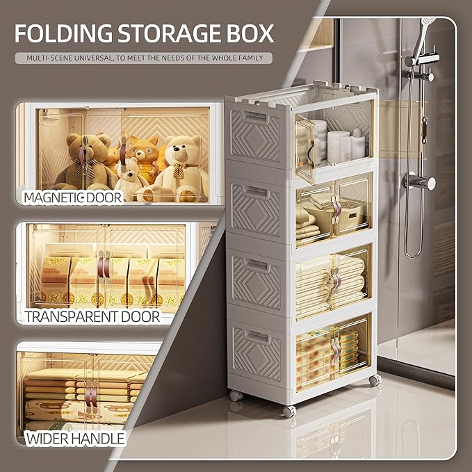 268 QT / 67 Gal White Storage Bins with 1 Lid - Collapsible Stackable Cabinet Organizer w/Wheels & Magnetic Doors, Plastic Storage Box for Office Closet Organization-NeatNest