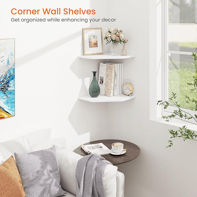 Homode Corner Shelf Wall Mount, Set of 2 Corner Floating Shelves with Cord Hole for Speaker, Cable Box, 2 Tier Wood Hanging Storage Shelf for Bathroom Living Room Bedroom, White-NeatNest