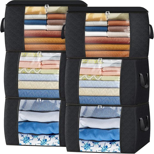 Fab totes 90L Clothes Storage, Foldable Thick Fabric Blanket Storage Bags, Containers for Organizing Bedroom, Closet, Clothing, Comforter, Organization with Handle (6 Pack,Black)-NeatNest