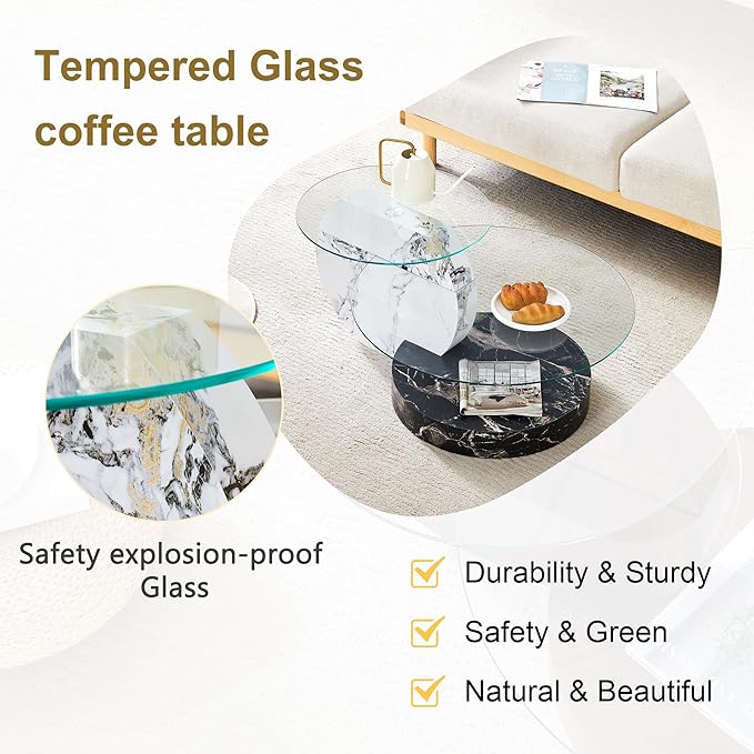 Glass Coffee Tables Round Coffee Tables for Living Room Modern 3 Tier Round Table Circle Coffee Table for Small Space Home Office (35.4 Inch White+Black)