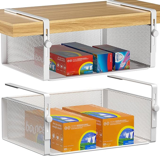 2Pack Under Shelf Basket Organizer,Adjustable Hanging Holder for Cabinet Pantry Kitchen Cupboard Desk Counter Bookshelf Organization Add-on Space Saver Heavy Duty Slide-in (White, Large)