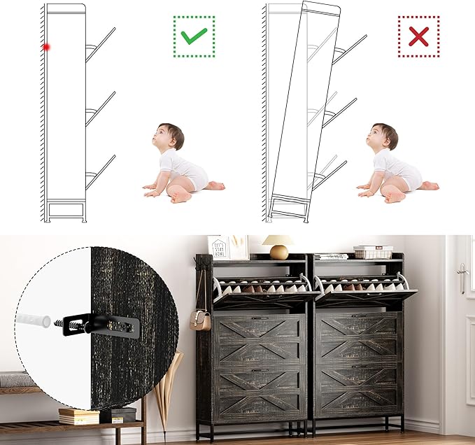 Vibe & Dine Farmhouse Shoe Storage Cabinet - Freestanding Narrow Shoe Rack with Metal Legs, Dark Rustic Oak-NeatNest