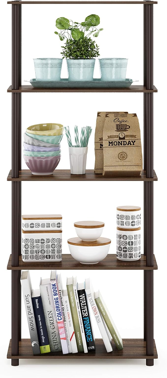 Furinno Turn-N-Tube 5-Tier Multipurpose Shelf / Display Rack / Storage Shelf / Bookshelf, Round Tubes, Walnut/Brown-NeatNest