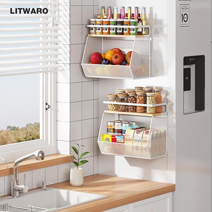 Magnetic Shelf for Fridge with Wide & Thick Magnet, 2 Pack Refrigerator Organizer Basket with Bamboo Top, Storage for Fruit, Potato, Onion, Kitchen, Pantry, Laundry (White, 13.8" x 6.8" x 11.8")