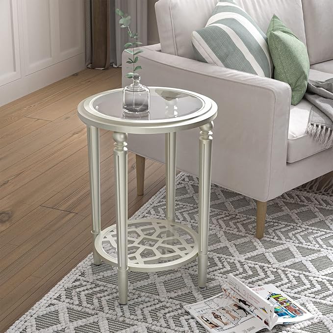 COSIEST Set of 2 Modern Round End Table, 2-Tier Glass Side Table with Glass Tabletop, Wood Accent Table with Storage Shelf for Living Room, Bedroom-NeatNest