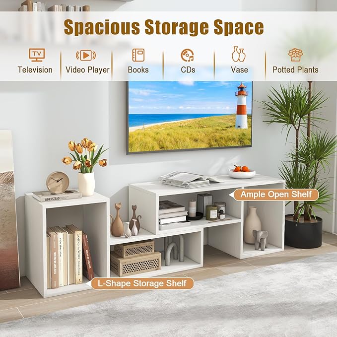 GOFLAME 2 Pieces TV Stand, Modern Entertainment Center for TVs up to 55 Inches, Free Combination Bookcase for Storage & Display, TV Console Table for Living Room, Bedroom, White-NeatNest