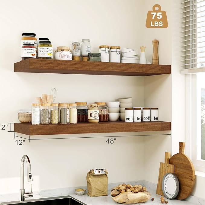 Heimlove Walnut Bathroom Shelves Floating Shelves for Wall Shelf Over Toilet Long Wall Mounted Modern Farmhouse,48 x 12 Wall Shelves with Invisible Brackets for Living Room, Kitchen, Bedroom-NeatNest