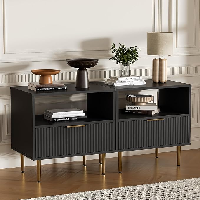 Black Nightstand Set of 2, Modern Nightstand with Drawer, End Table with Storage, Bed Side Table with Open Space for Bedroom, Side Table for Bedroom, Living Room, Black-NeatNest