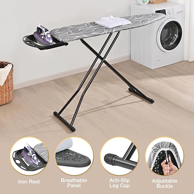 APEXCHASER Full Size Ironing Board with Heat Resistant Cover Foldable Iron Board 7-Lever Height Adjustable Non-Slip Sturdy Metal Legs 14x54, Grey