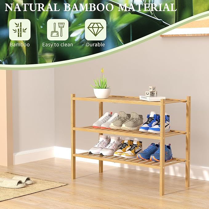 3 Tier Bamboo Shoe Rack for Closet Free Standing Wood Shoe Shelf Storage Organizer for Entryway Small Space Stackable 27"x11"x20" (Natural)-NeatNest