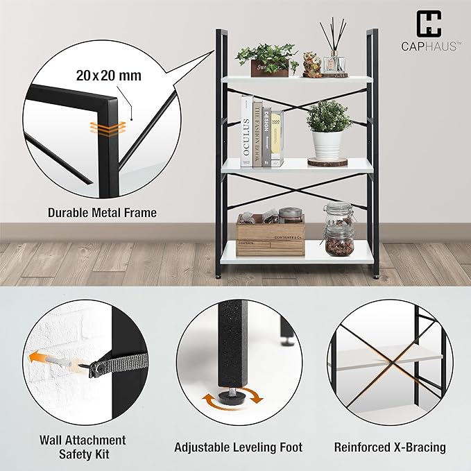 CAPHAUS 2 Tier Small Bookshelf, 24 Inch Width Free Standing Shelf, Bookcase Shelf Storage Organizer, Industrial Book Shelves for Home Office, Living Room, White Shelves & Metal Frame-NeatNest