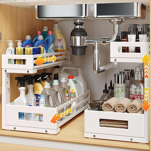 2-Pack 17"Deep Under Sink Organizer And Storage, 2-Tier L-Shaped Pull Out Cabinet Organizer with Upgraded Slide Rails, Height Adjustable Drawers for Kitchen&Bathroom, Extra-Large Storage Shelves–White-NeatNest