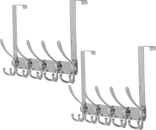 Dseap Over The Door Hook Hanger - 5 Tri Hooks, Heavy Duty Over The Door Towel Rack Coat Rack for Clothes Hat Towel, Chromed, 2 Packs