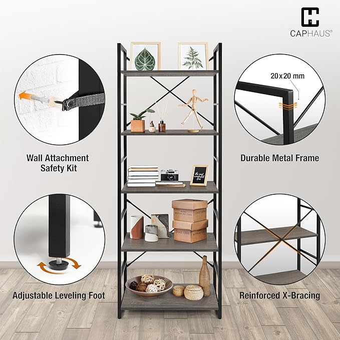 CAPHAUS 6 Tier Bookshelf, 24 Inch Width Free Standing Shelf, Bookcase Shelf Storage Organizer, Industrial Book Shelves for Home Office, Living Room, Kitchen, Dark Grey Vintage Shelves & Metal Frame-NeatNest