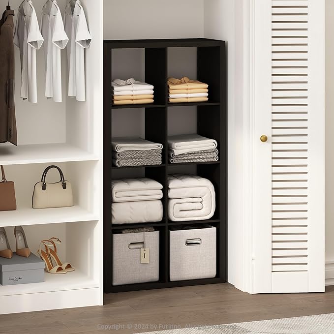 Furinno Cubic Open Back Multipurpose Clothing & Closet Storage Organizer Shelf, 8-Cube, Black Dark Oak
