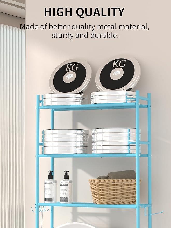 3-Tier Over The Toilet Storage, Space Saver Metal Bathroom Shelves, Freestanding Above Over Toilet Storage Shelf with 4 Hooks for Bathroom, Blue-NeatNest