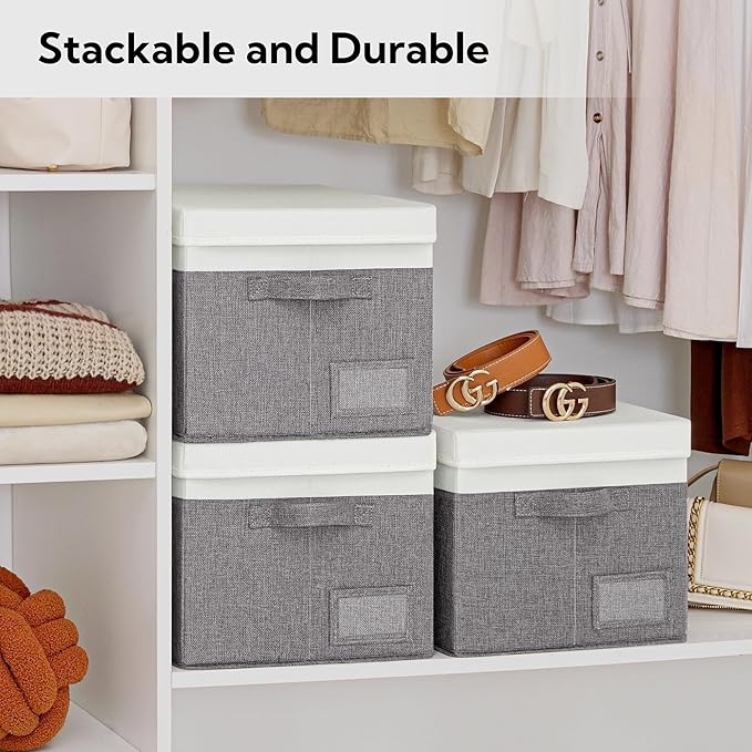 GRANNY SAYS Linen Storage Box, Collapsible Storage Bin with Lids and Label Holder, Clothes Organizer - 3-Pack, Gray & Ivory-NeatNest
