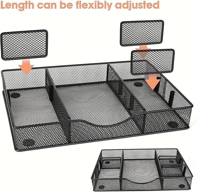 Desk Drawer Organizer Tray, Metal Mesh Drawer Organizers Office, 6 Adjustable Compartment, Desk Organizer Tray for Home Office 12.87L x 8.73D x 1.96H inch, Black, 1PC Medium-NeatNest
