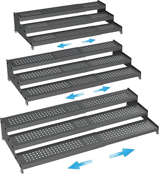 Expandable Spice Rack organizer with 3-Tier step shelf,Modern Design heavy duty,Non Skid and Visibility,Great for Kitchen Cabinet, Pantry and more(3PACKS/GUN-GREY)-NeatNest