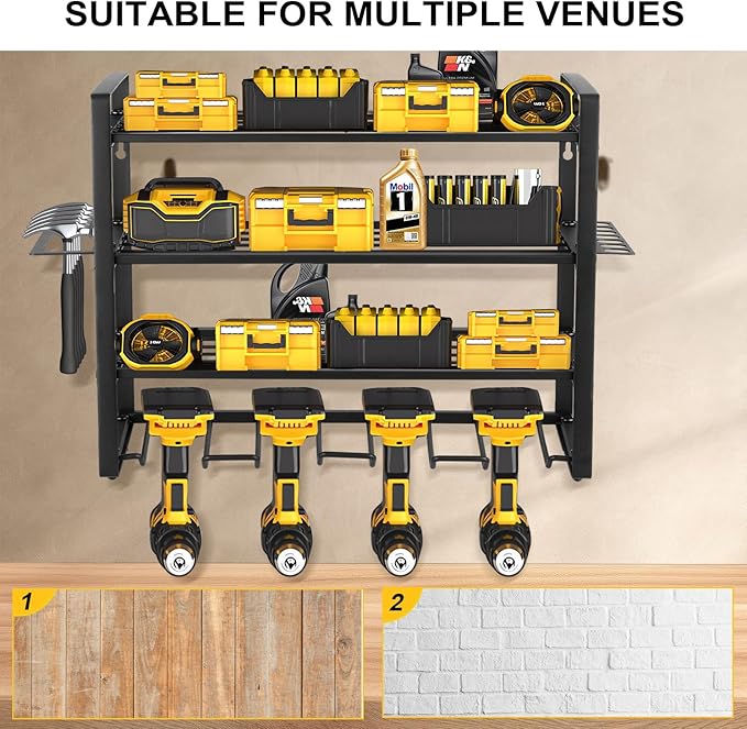 4 Layers Power Tool Organizer Wall Mount, Garage Wall Shelving, 4 Drill Holder Wall Mount, Cordless Tool Organizer, Garage Storage Rack with 4 Extension Cord Holder