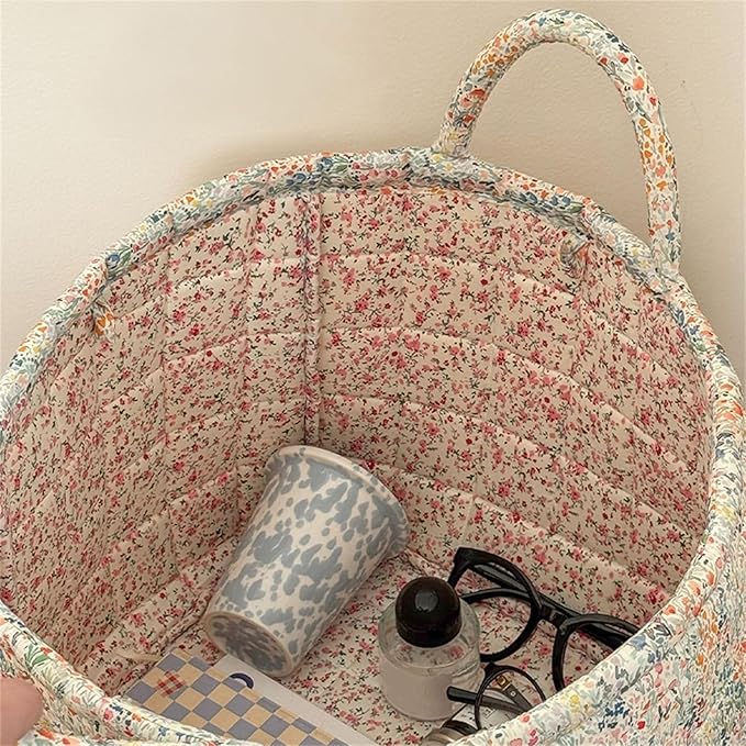 Boho Fabric Storage Basket Quilted Floral Print Baskets Organizer Bin with Handles for Home, Picnic, Shopping (Blue, L)-NeatNest