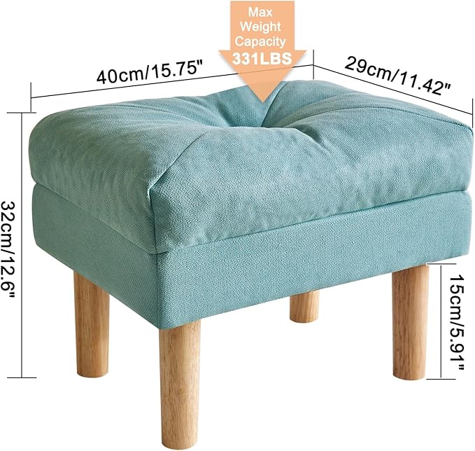 YMYNY 15.75" Small Footstool Ottoman, Footrest with Sponge Padded Seat, Step Stool for Sofa, Bedroom, Living Room, Entryway, Modern Change Shoes Stool, Wood Legs, Greenish Blue, UHBD023T