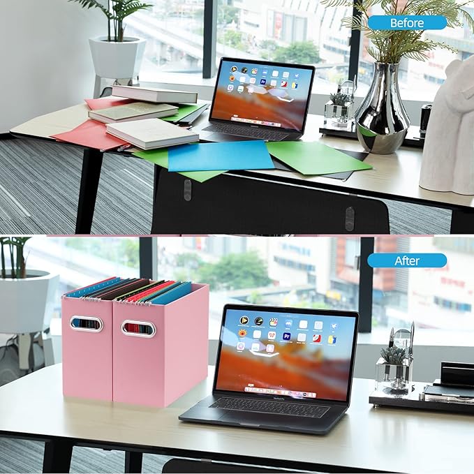 Oterri File Organizer, 8 Packs Small Storage Box, Cardboard File Folder Organizer, Collapsible File Box for Hanging File Folders Letter Size, Portable Filing Organizer with Handle (Pink