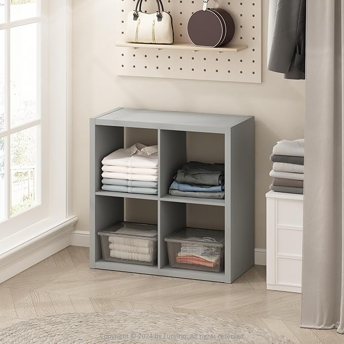 Furinno Cubic Open Back Multipurpose Clothing & Closet Storage Organizer Shelf, 4-Cube, Light Grey