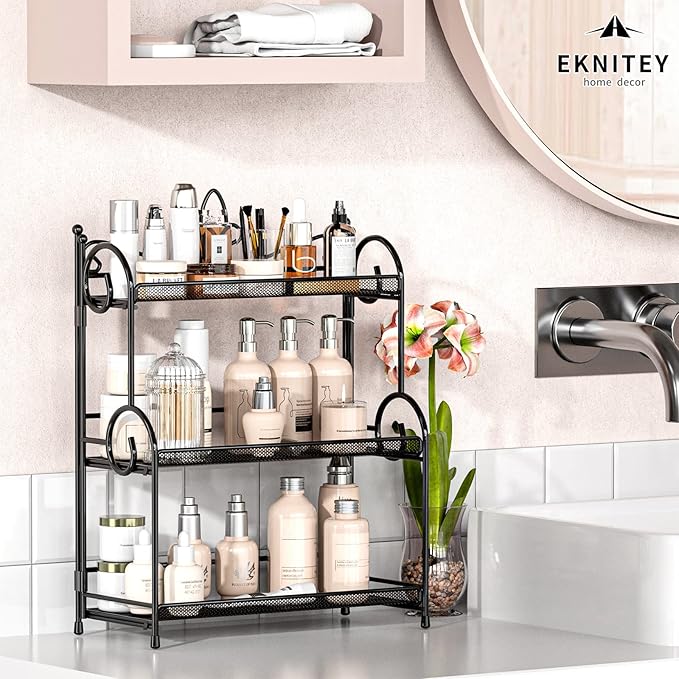 EKNITEY Bathroom Counter Organizer - 3 Tier Spice Rack Organizer Skincare Countertop Organizers for Bathroom Kitchen Bedroom Black (No Assembly)