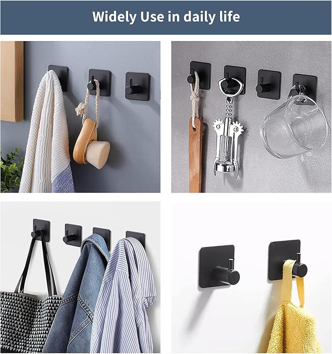 Adhesive Hooks, Waterproof Adhesive Shower Hanger Hooks for Hanging Loofah, Sponge, Towels, Robes Stainless Steel Stick on Shower Hooks for Bathrom Black Removable Sticky Wall Hooks 4 Pcs