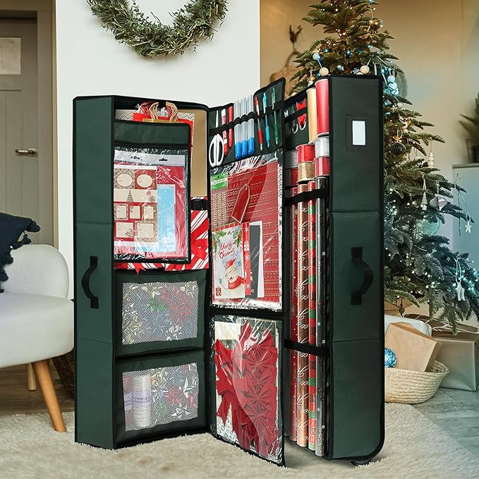Hearth & Harbor Holiday Storage with Extra 2 PC of Christmas Storage Bins and Ribbon Storage Organizer - Fade Resistant Wrapping Paper Storage Containers with Wheels Fits Up to 30 Rolls of 40" Length-NeatNest