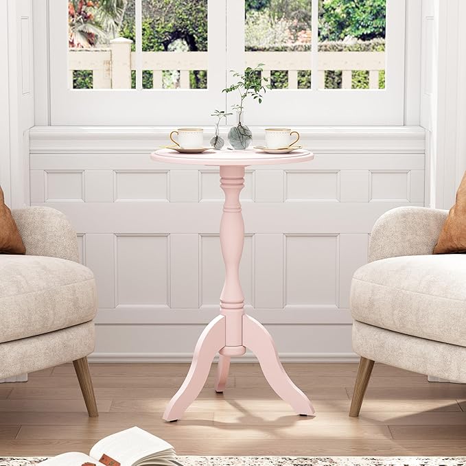 HLR Round Small End Table, Wooden Pedestal Side Coffee Tables, Vintage Accent Nightstand for Living Room, Bedroom, Entryway (1, Pink)