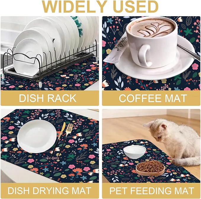 Cute Flower Dish Drying Mats Super Absorbent Dish Drainer Rack Pad Non-Slip Drying Mat for Kitchen Counter, 24"x16"-NeatNest
