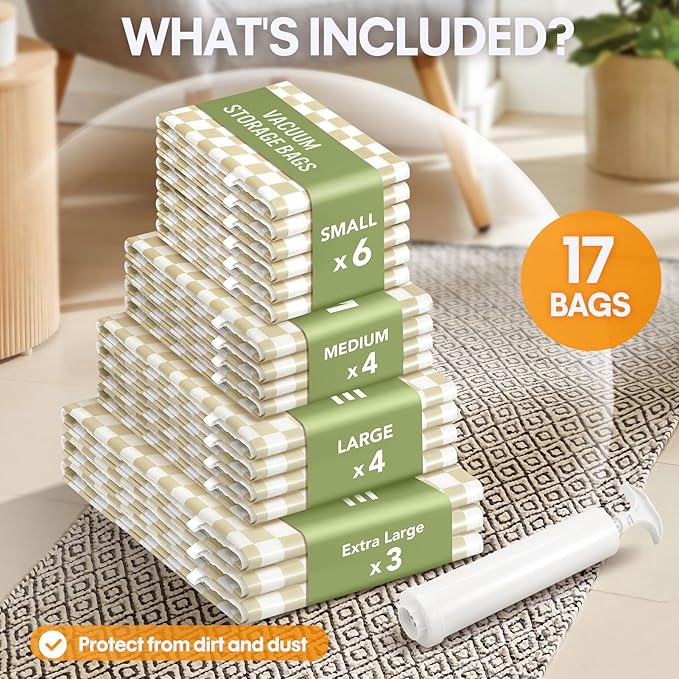 17Pack Vacuum Storage Bags, Vacuum Seal Bags for Clothing with Hand Pump, 3 Jumbo+4 Large+4 Medium+6 Small, 80% Space Saver Bags for Luggage,Comforters,Blankets, Home Travel Essentials(Khaki Check)-NeatNest