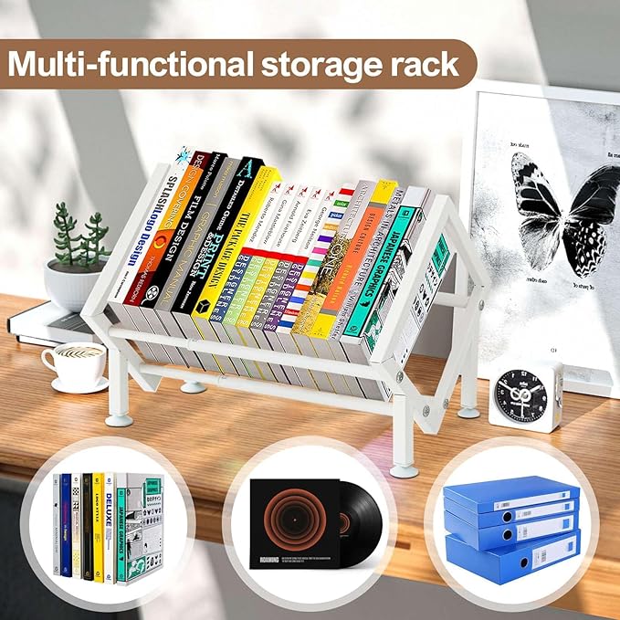 ENCIMART Tabletop Bookshelf Organizer, Adjustable Desk Shelf for Top of Desk in Living Room, Home, Office, Stainless Steel Tilting Bookcase Desktop Storage Book Rack for Magazine/CDs/Books Display-NeatNest