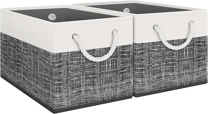 Fab totes Storage Bins [2-Pack], Foldable Storage Baskets for Organizing Toys, Books, Shelves, Closet, Large Storage Box with Rope Handles, Sturdy Organizer Bins, White & Black-NeatNest