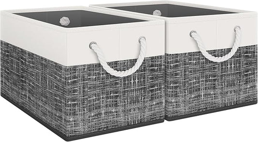 Fab totes Storage Bins [2-Pack], Foldable Storage Baskets for Organizing Toys, Books, Shelves, Closet, Large Storage Box with Rope Handles, Sturdy Organizer Bins, White & Black-NeatNest