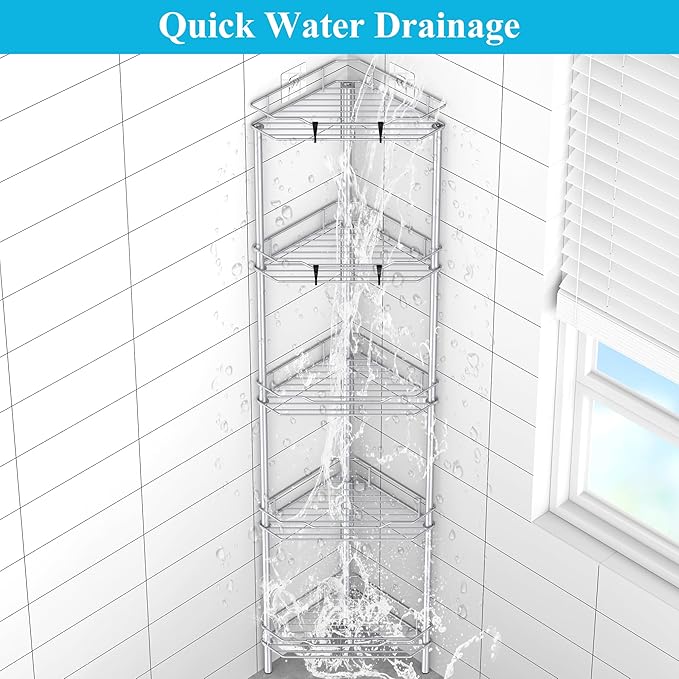 5 Tier Floor Standing Corner Shower Caddy Organizer Shelf with Hooks, Bathroom Shelves Stand Rack, Silver