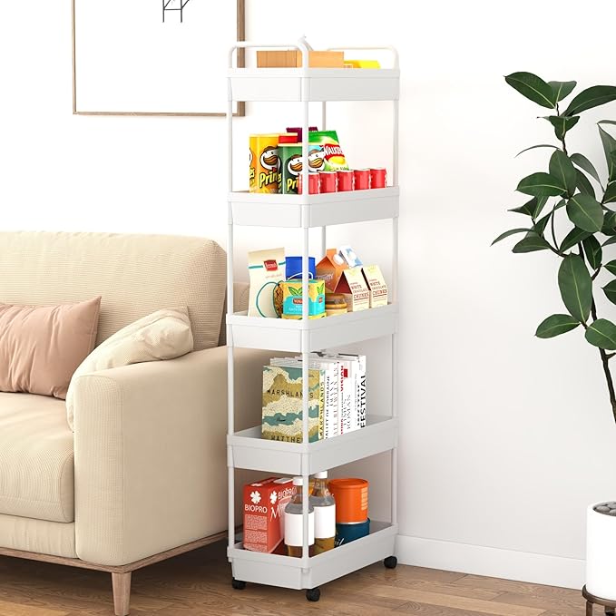 5-Tier Storage Cart，Shelf Organizer Mobile Shelving ，Utility Rolling Cart，Multifunction Movable Storage Organizer with Lockable Wheels,White-NeatNest