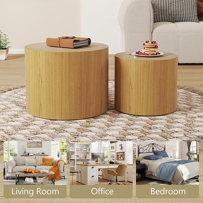 Nesting Coffee Table Set of 2, Round Wooden Coffee Tables Modern Circle End Table Side Tables for Small Spaces Living Room, Bedroom, Balcony, Office, Wood Color