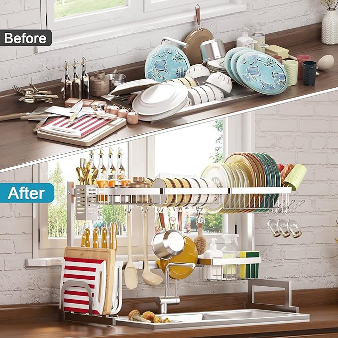 PUSDON Over Sink Dish Drying Rack Stainless Steel, Adjustable Large Dish Drainer for Storage Kitchen Organization Silver 2 Tier - Standard(26"-38")