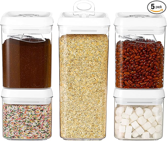 Felli Flip Tite Food Storage Container 5" LARGE 5pk Set + No Residue Label, Airtight Lid Easy Lock Top Stackable, Plastic Canister Jar for Pantry Kitchen Fridge Organizer Pasta Protein Powder Spice-NeatNest