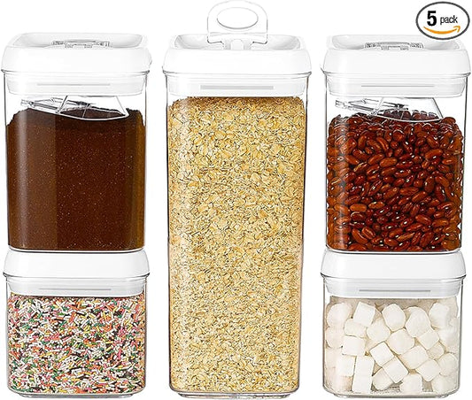 Felli Flip Tite Food Storage Container 5" LARGE 5pk Set + No Residue Label, Airtight Lid Easy Lock Top Stackable, Plastic Canister Jar for Pantry Kitchen Fridge Organizer Pasta Protein Powder Spice-NeatNest